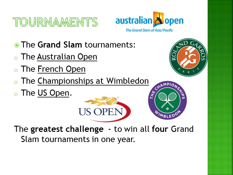 Tournaments The Grand Slam tournaments: The Australian Open The French Open The Championships at